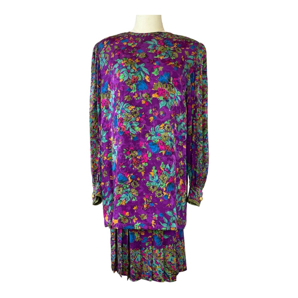 Vintage Helga Purple Floral Silk Skirt Set Size 14